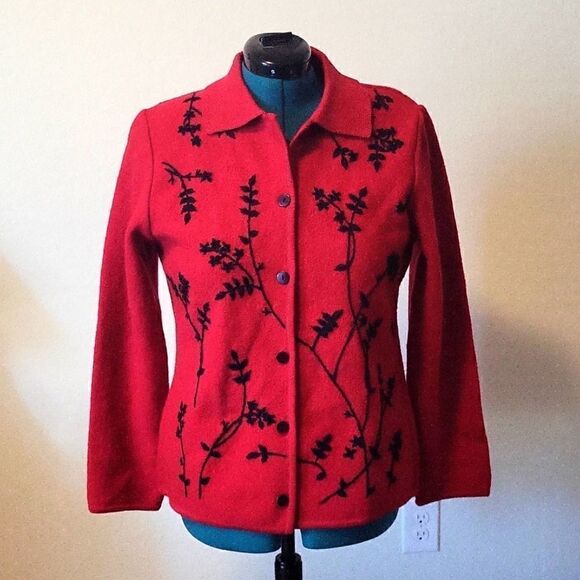 100% Wool Red Jacket Embroidered With Beads Size M - Picture 3 of 14